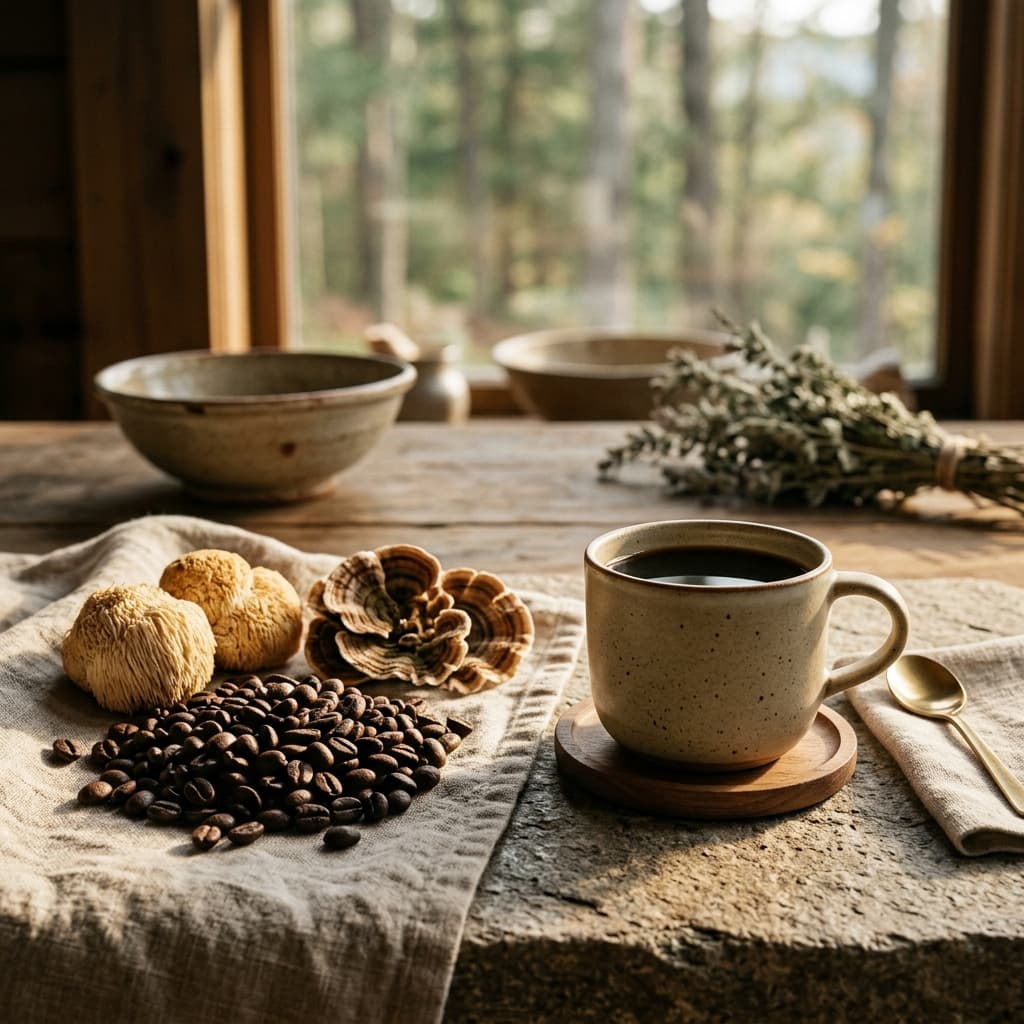 Artisanal roasted Arabica beans, Lion's Mane, and Turkey Tail mushrooms beside coffee cup